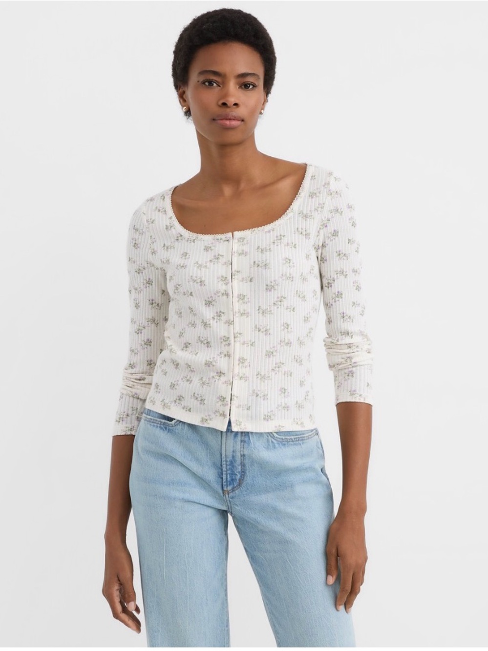 Cream Floral Ribbed Scoop-Neck Cardigan Top
